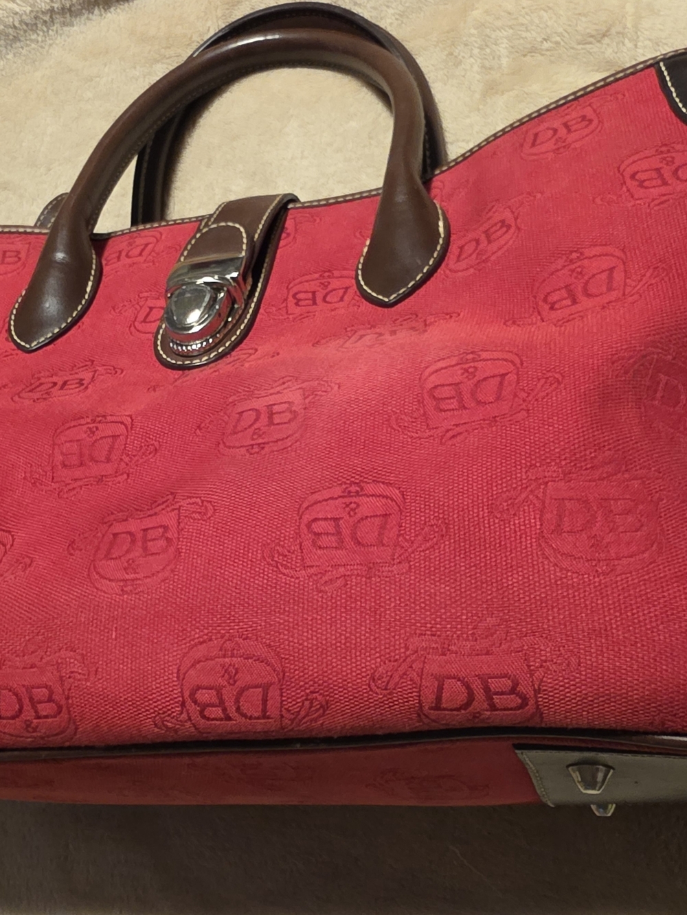 Dooney & Bourke Red Canvas Satchel with Brown Leather Trim